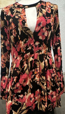 Free People Floral Mini Dress Black V-Neck Cutout Long Sleeve Jersey Stretch 10