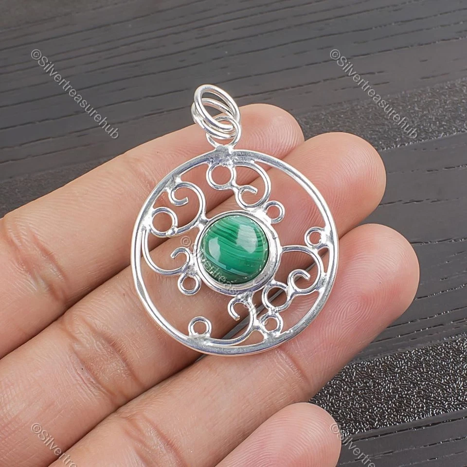 Colgante étnico artesanal de piedras preciosas redondas de malaquita joyería de plata de ley 925 Foto 3 de 4