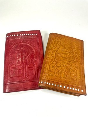 Lot 2 Morrocan Tooled Leather Wallet Palm Tree Camel 7 Pocket 5-3/4'' Boho