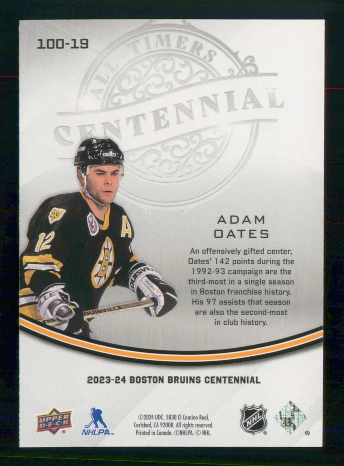ADAM OATES 2023-24 CENTENNIAL BOSTON BRUINS ALL TIMERS 100-19 85091 - Image 2 of 2