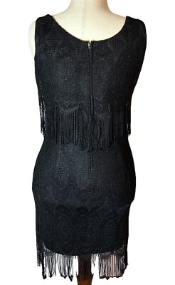 ONYX NITE By Wendy Chaitin Sparkly Lace with Fringe Dress BLACK Size 6 |  eBay