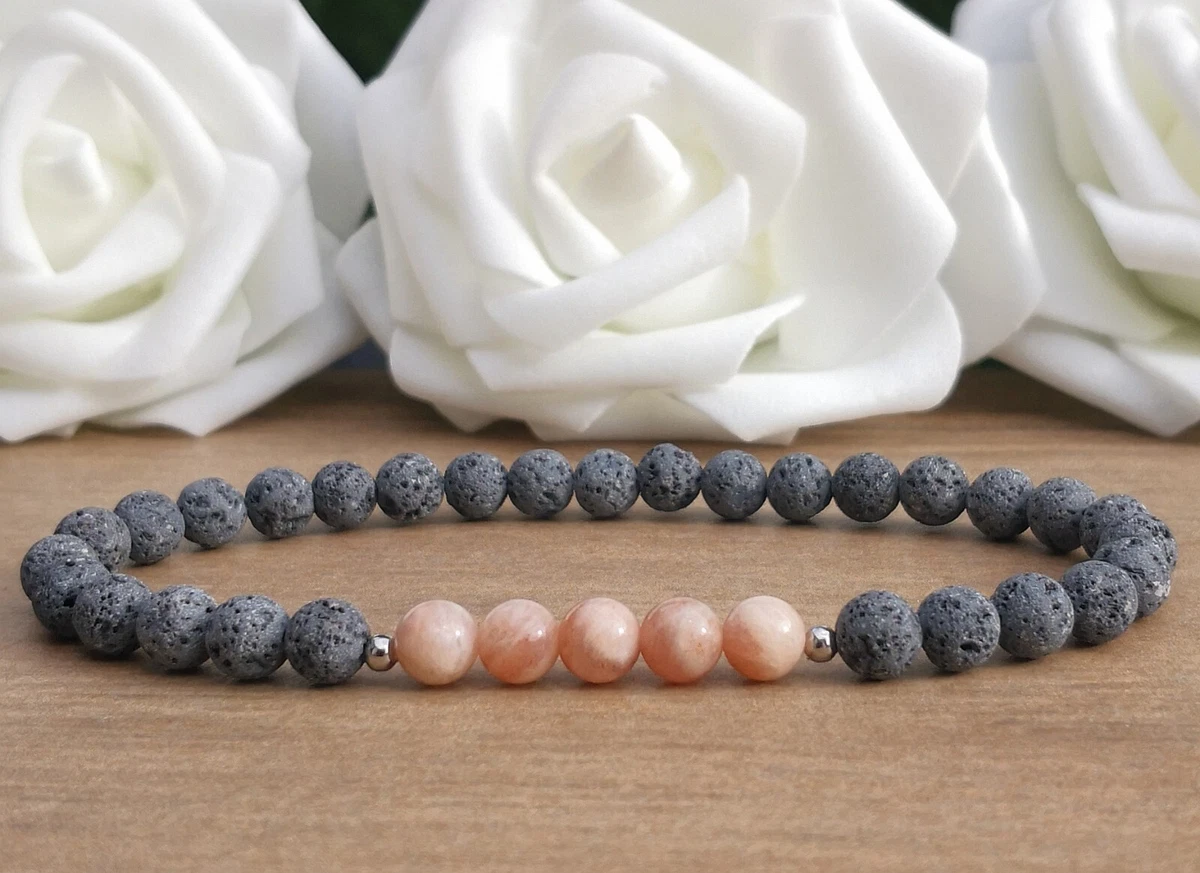 Sunstone Grey Lava Stone 6mm Small Beaded Bracelet Mens Women