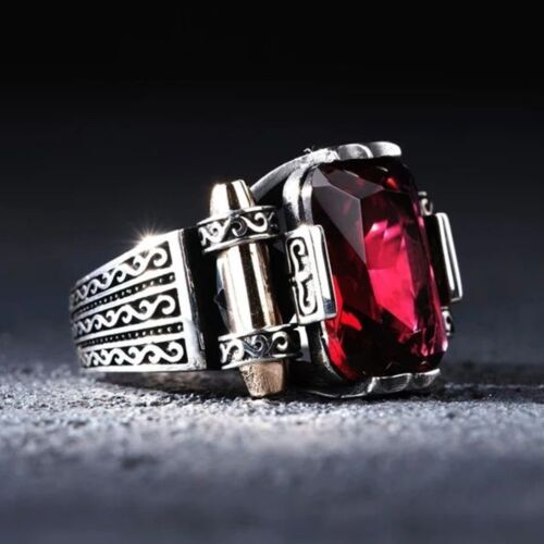 Solid 925 Sterling Silver Turkish Jewelry Garnet Stone Men's Ring All Size #999 - Picture 1 of 5