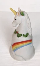 Vintage Unicorn Bell ENESCO Rainbow Clouds holly Berries bisque porcelain FLAWED