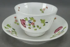 British Hand Enameled Purple Floral Soft Paste Tea Bowl & Saucer C. 1820-1840 D