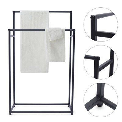 2 Tier Black Metal Towel Rack Tall Modern Freestanding Towel Holder For Bathroom