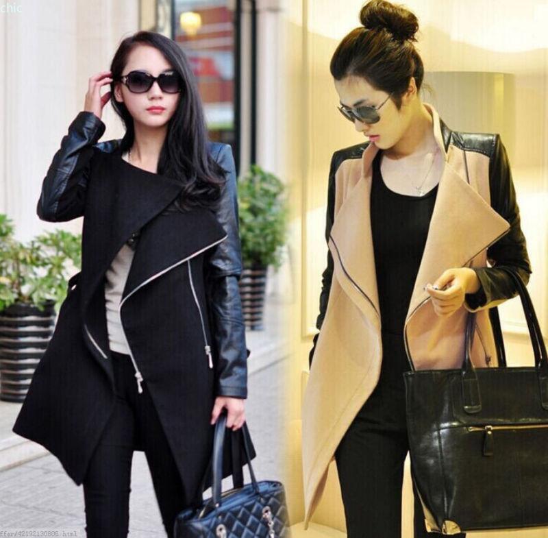 Women's Wool Blend Leather Long Sleeve Coat Lapel Zipper Women's Wool Blend Leather Long Sleeve Coat Lapel Zipper