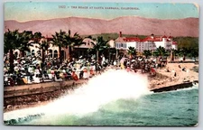 Santa Barbara California~Beach View~Bathers on Shore~Hotel~c1910 Postcard