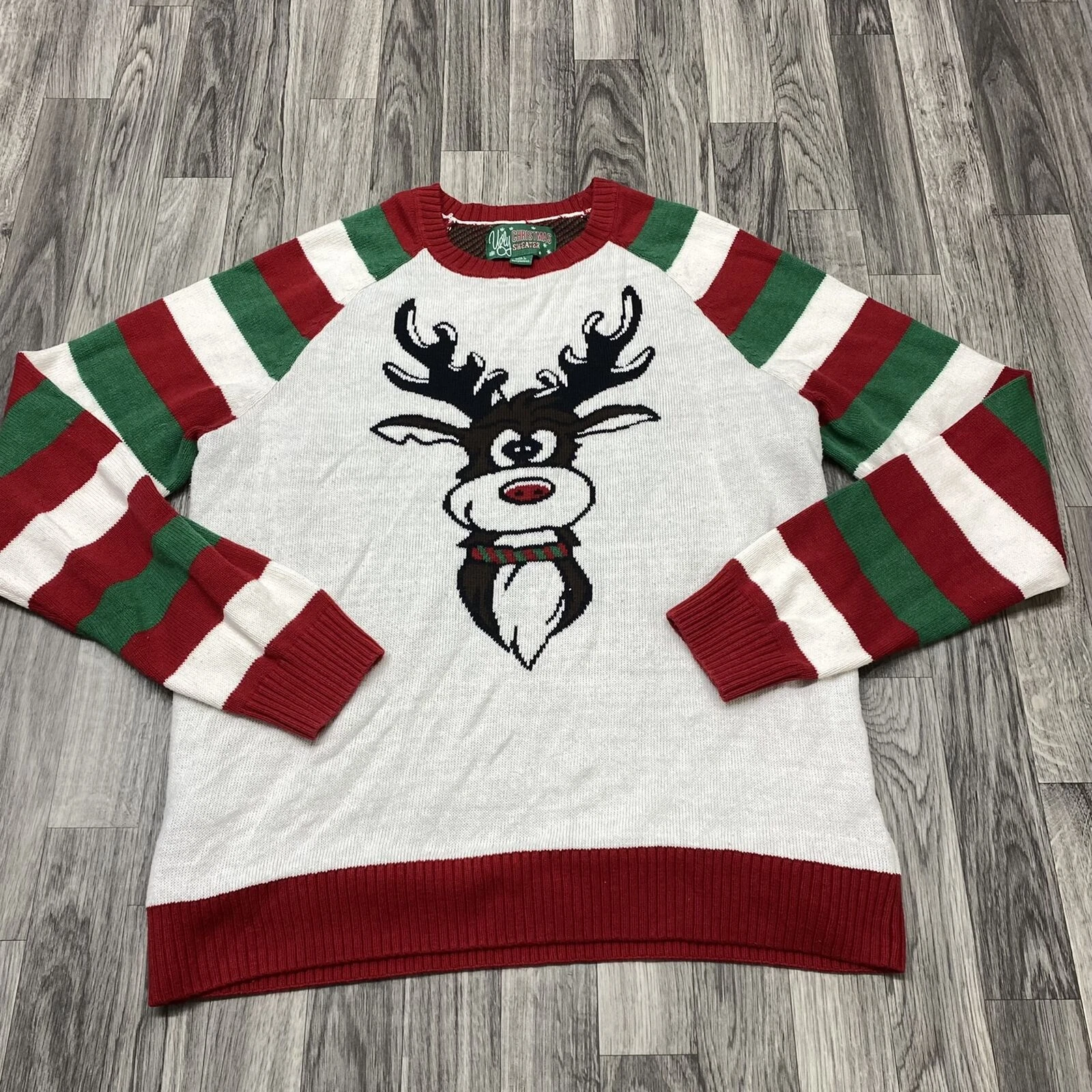 UGLY CHRISTMAS SWEATER "Rudolph" Round Neck White Pullover Sweater Men's Size L