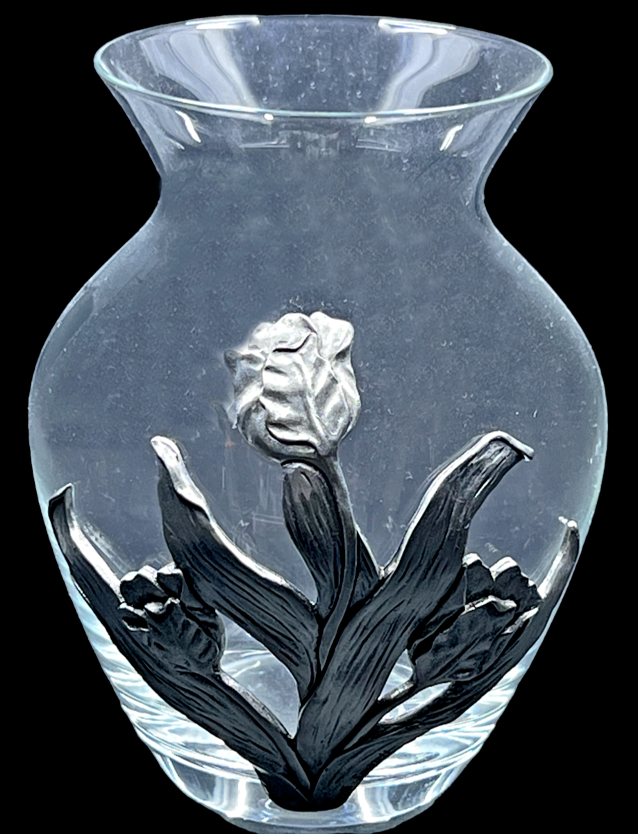 1992 Seagull Pewter Art Glass Vase IRIS Flower Overlay Clear Nova