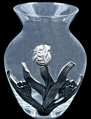 1992 Seagull Pewter Art Glass Vase IRIS Flower Overlay Clear Nova