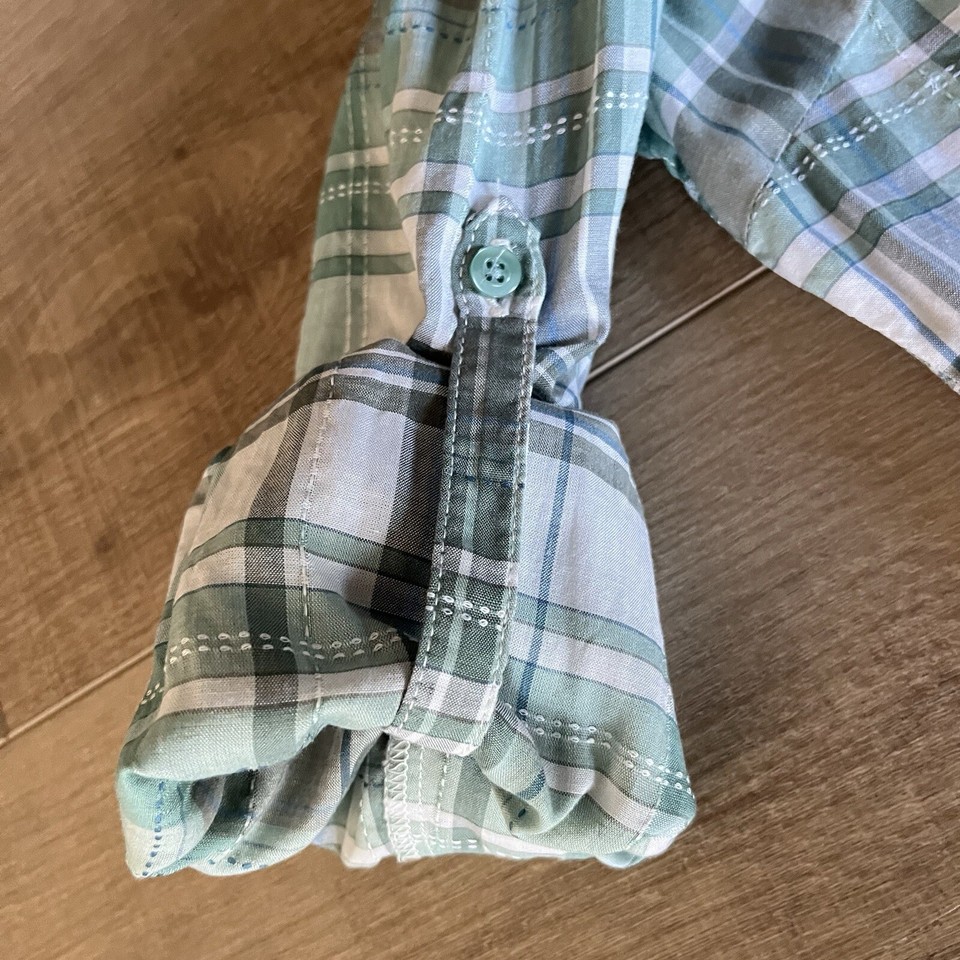 Kuhl Shirt Spektra Green Plaid Long Roll Tab Sleeve Button Pullover