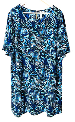 TACERA Dress Womens 2X Blue Zebra Print Shift Sheer Tunic Plus Size w/Necklace