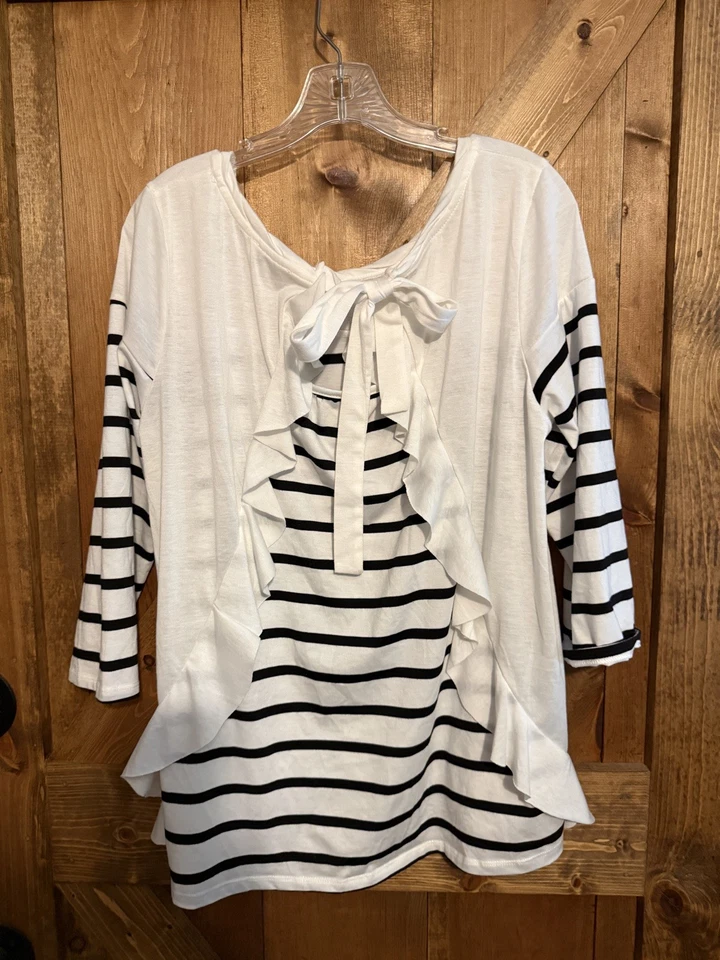 Umgee Black & White Stripe 3/4 Sleeve Ruffle Hem Tie Back Top Medium - Image 2 of 3