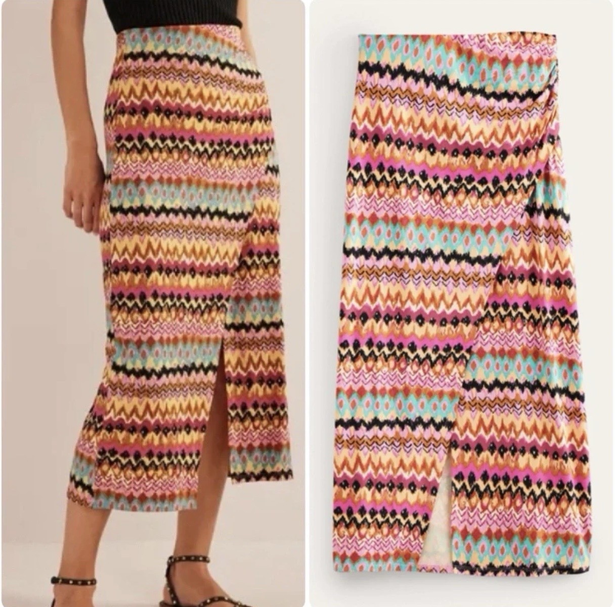 Boden Midi Skirt Women 8R Multi Textured Ikat Print Side Split Jersey Stretch-image