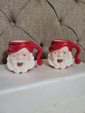 2 VNTG Ceramic Handmade Hand Painted Santa Mu...