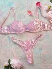 Pink 2nd Skin Satin Floral Embroidered Lace Bra Panties Lingerie Set XL NEW