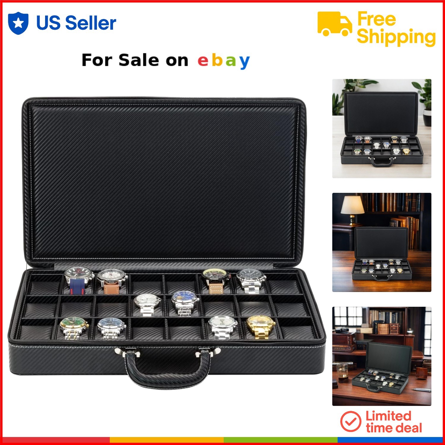 24-slot carbon fiber waterproof watch travel case organizer  