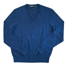 Vtg Polo Ralph Lauren Sweater Mens Med Blue V Neck Merino Wool Long Sleeve FLAW