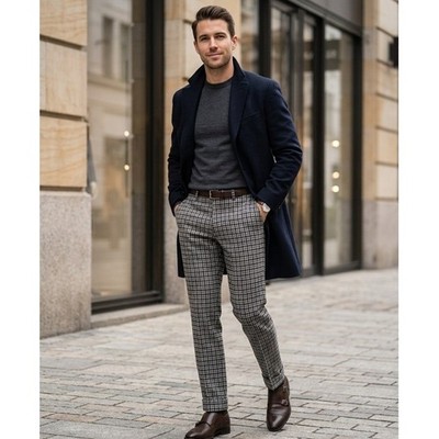 Suitsupply Brescia Trousers Mens 34 x 30 Grey Navy Blue Check Wool Blend Cuffed