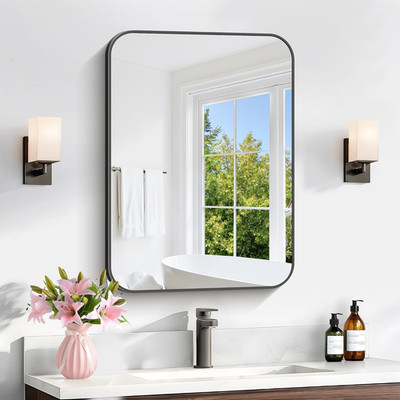 Black Metal Framed 18x24 Inch Rounded Corner Wall Mirror for Modern Decor