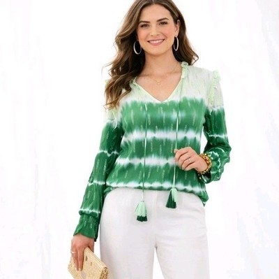 New! RICHA & CO DESIGN Size Small Green Tie Dye Glitter Accent Tasseled Blouse