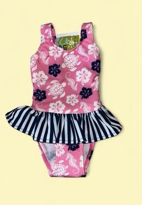 Flap Happy Kids UV 50 NWT Pink Floral Turtles Ruffle One Piece Swimsuit Size 3M