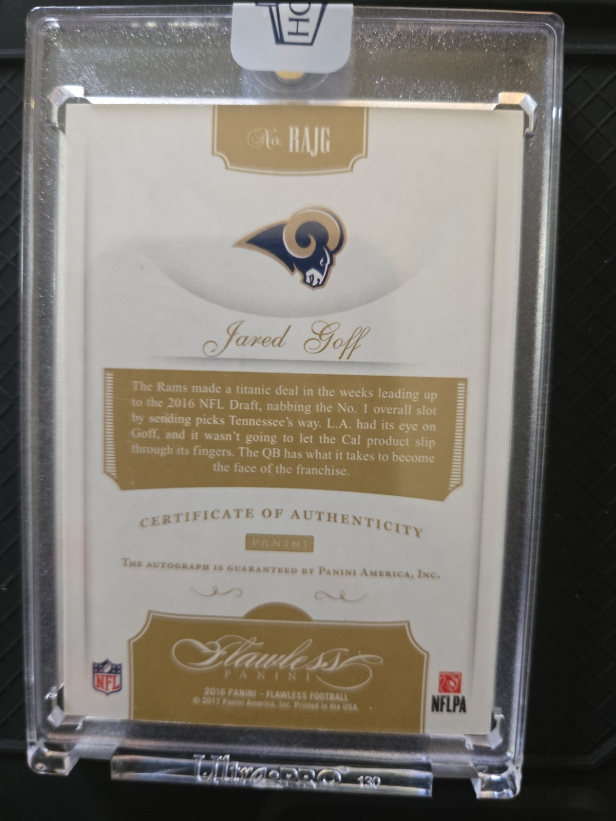 Jared Goff 2018 Flawless 1/1 Auto Panini Honors view 2