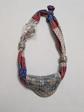 Scarf Bandana necklace & stud earrings ceramic red white blue country quilt 13"
