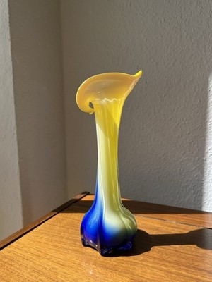 Vintage Glas Vase Blau Gelb Mundgeblasen Calla Stil 70er Jahre