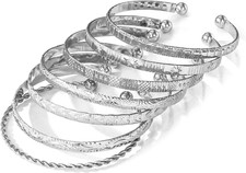 7 Piece Silver Bangle Bracelets Set For Women Adjustable Stackable Cuff Jewelry