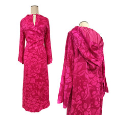 Vintage 1960s Hot Pink Tropical Floral Barkcloth Hooded Lounge Maxi Dress