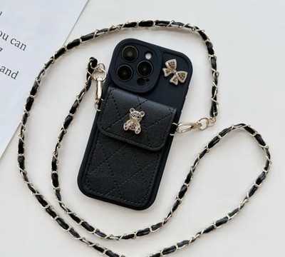 Bow Cartoon Bear 3D PhoneCase with Lanyard,for iPhone 16Pro Max,Crossbody Strap