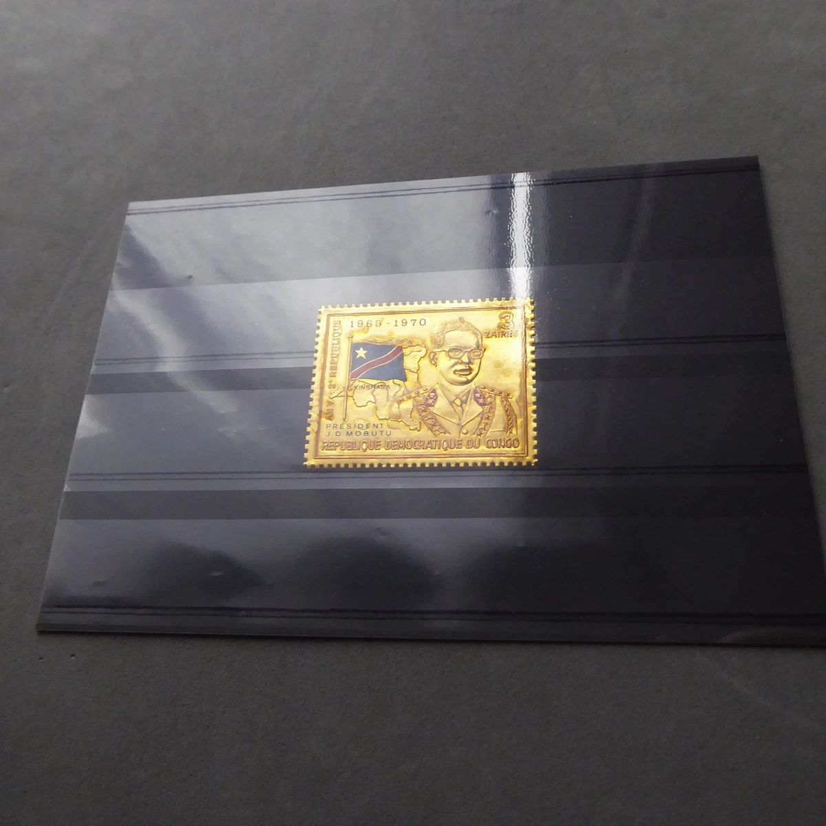 RARO SELLO DE ORO CONGO ZAIRE 1979 Presidente MOBUTU Hoja de Oro Dorado Oro