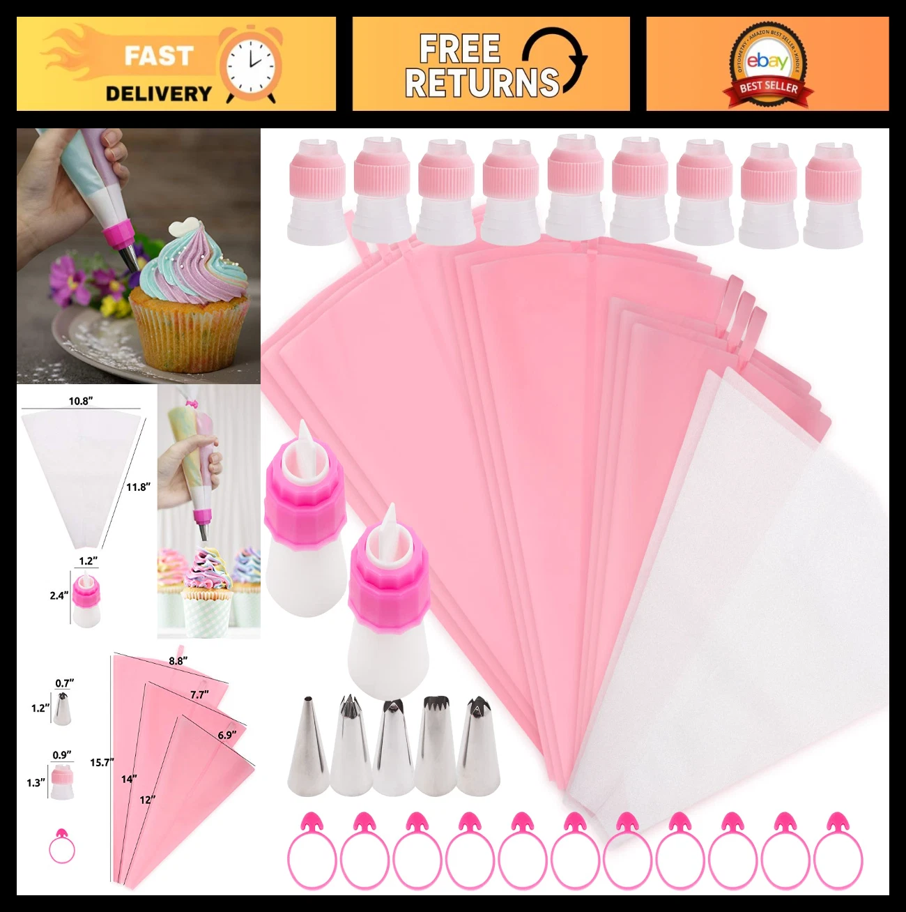 38PCS Silicone Pastry Bags Set - Reusable Icing Bags, 3 Sizes, 11 Tips & Coupler