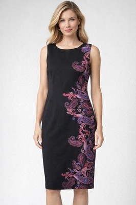 Maya Brooke Sleeveless Sheath Dress Black Paisley Print Career Size 12 Flatter