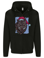 A Christmas Boar Wearing an Xmas Hat Pig Mens Zip Up Hoodie