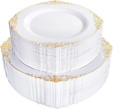 100PCS White and Gold Plastic Plates - Heavy Duty Gold Disposable Plates Incl...