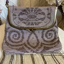 Antique French Lilac Beaded Fringe Roaring Twenties Flapper Handbag Purse Read 