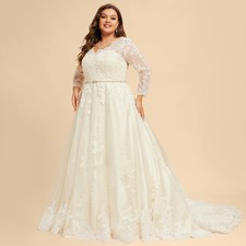 Gorgeous Wedding Dress Plus Size Full Sleeves V Neck Beading Belt Sweep Train