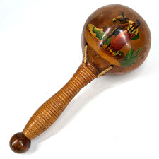 Vintage Maraca Wooden Painted Woman w/ Horse Folk Art Made In Mexico