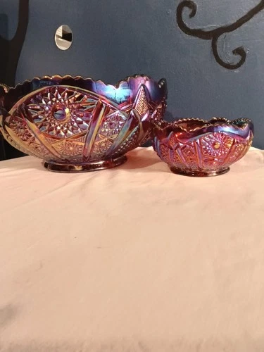 Vintage Indiana Carnival Glass Iridescent Amber Candy Bowl Dish & Candle Holder