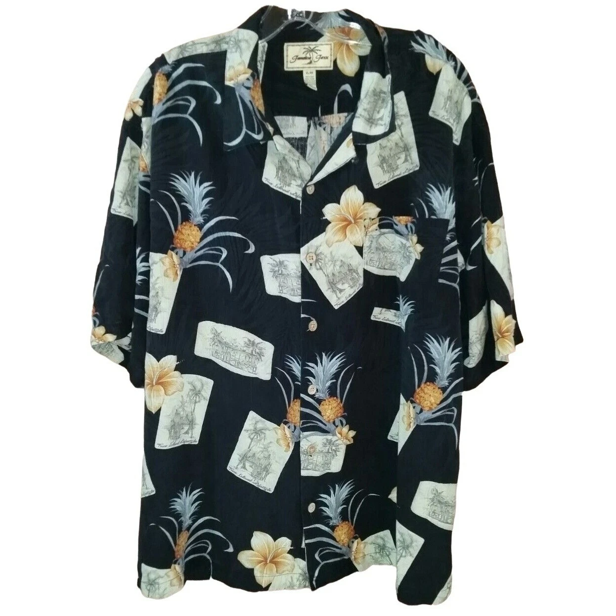 Black Hawaiian shirt sz XL black yellow floral short sleeve button up 100% silk