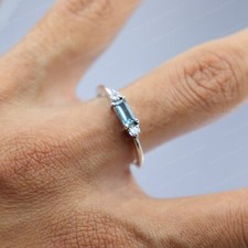 Natural Aquamarine Ring, Dainty 925 Sterling Silver, Minimalist Baguette