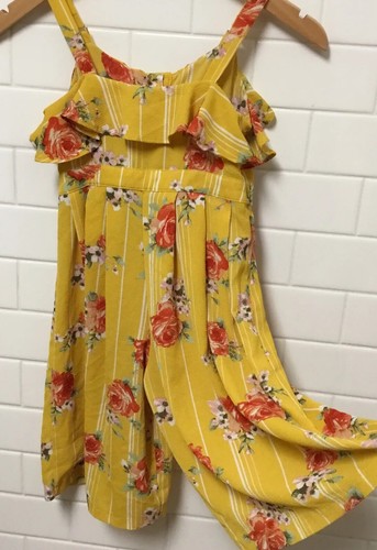 Girls Sundress Jumpsuit Youth Sz 7 Yellow Crepe Floral Shortall Bonnie Jean - Picture 9 of 12