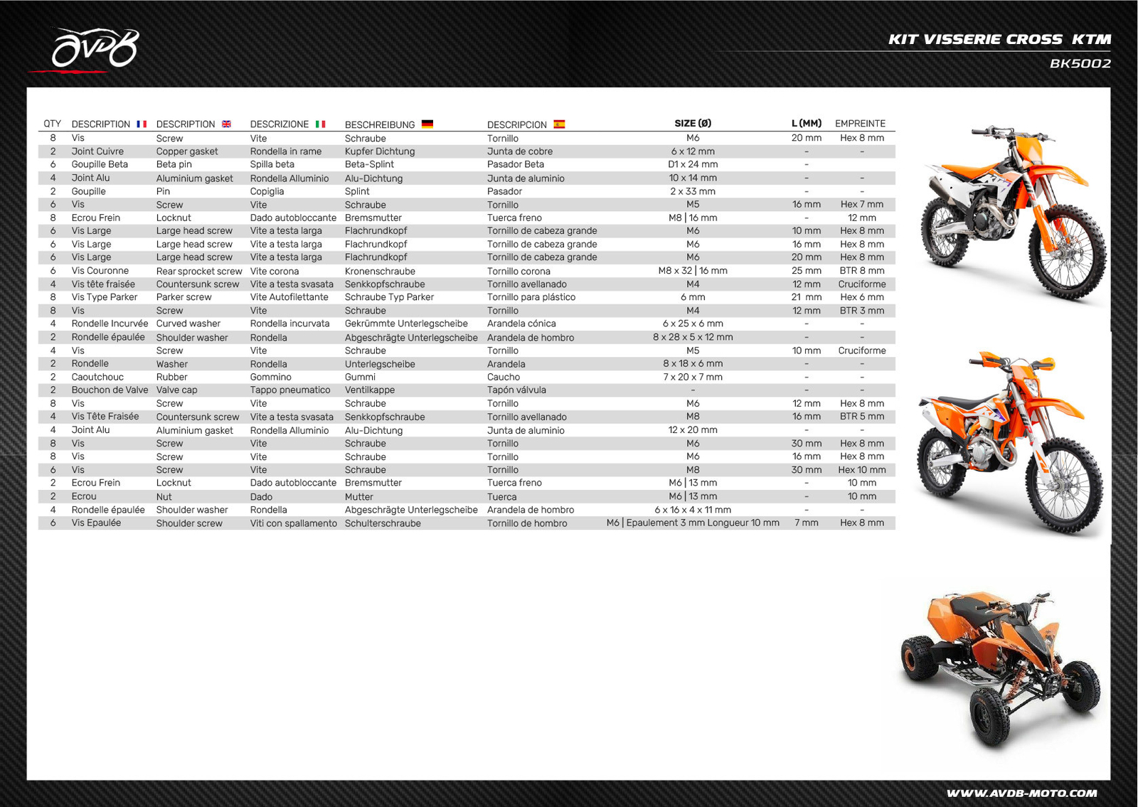 Kit vis pour KTM SXF 350 de 2017 à 2023 comprenant 148 pièces - 2
