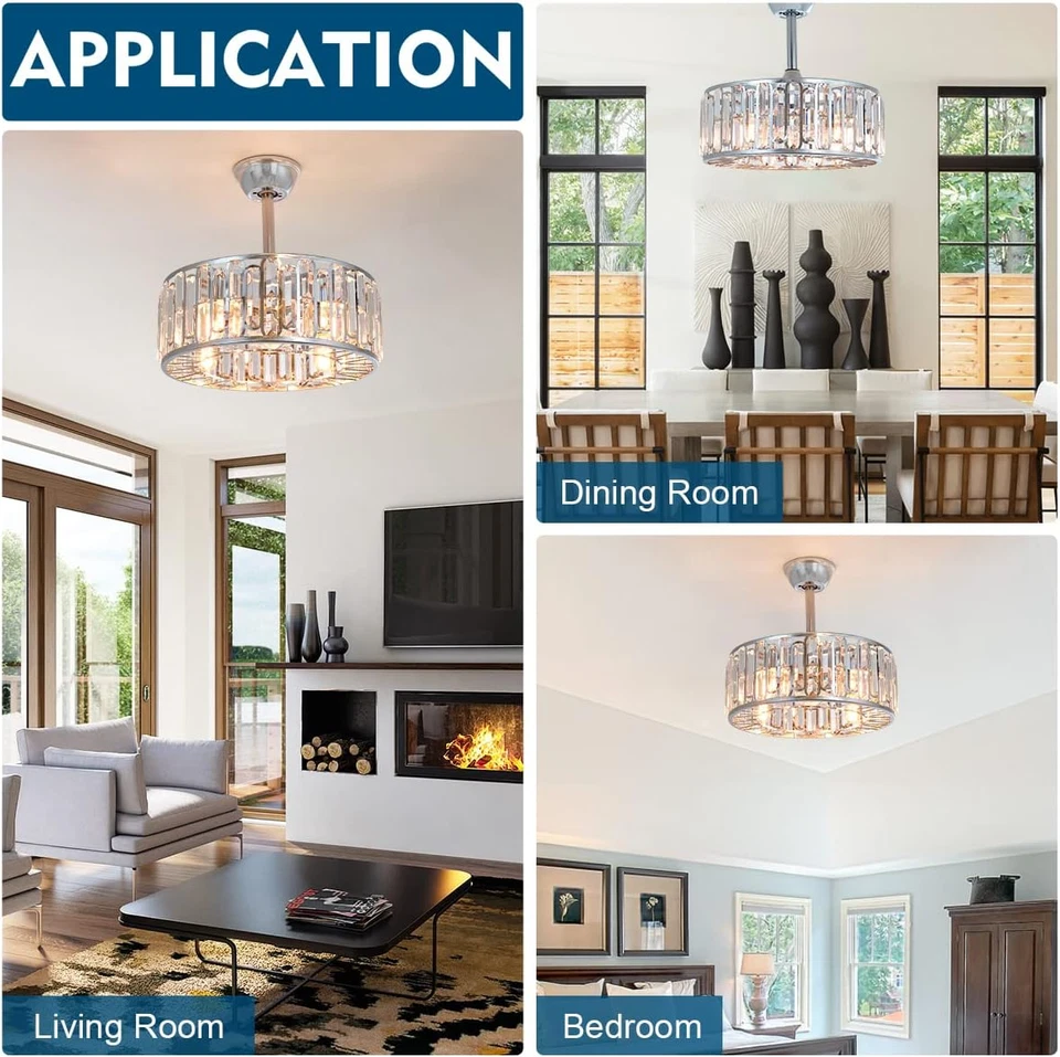 18" Silver Crystal Caged Ceiling Fan and Remote,4-Light Modern Fandelier Ceiling - Image 3 of 4