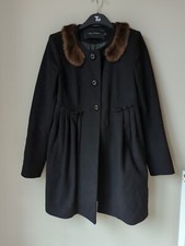 Tara Jarmon Black Wool Coat With Mink Fur Trim Size 38 Rrp £450
