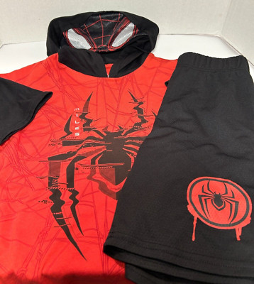 Marvel Spiderman Shirt with Hood & Shorts Boy's Size 8 Child School Outfit-2 Pc