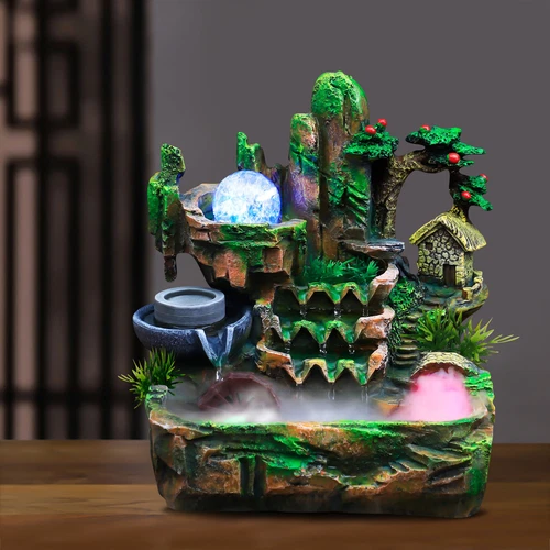 Zen Indoor Tabletop Water Fountain with Mist, Rockery & LED Light